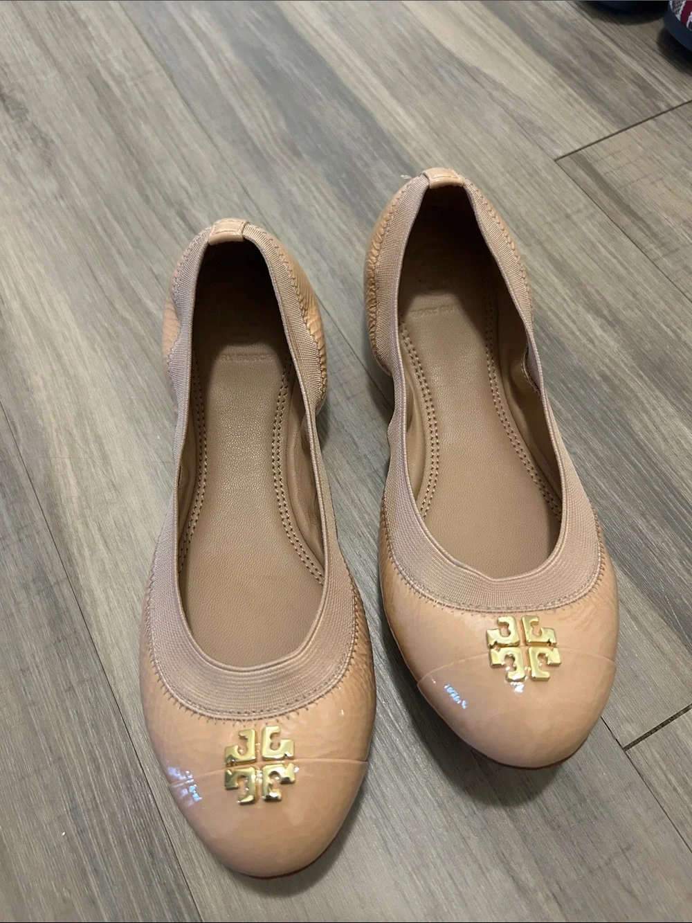 Tory Burch Blush Patent Leather Logo Ballet Flats